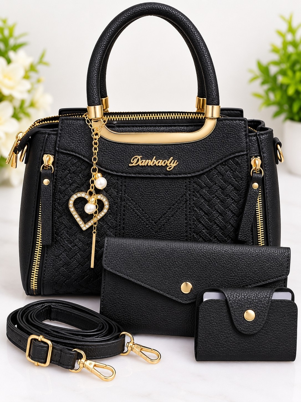 Black & Gold 3-Piece Handbag Set + Crossbody Strap